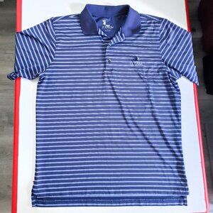 F&G Tech golf polo shirt men's size L navy blue light blue stripes pattern
